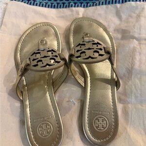 Tory Burch Metallic Gold Miller Logo Thong Sandals